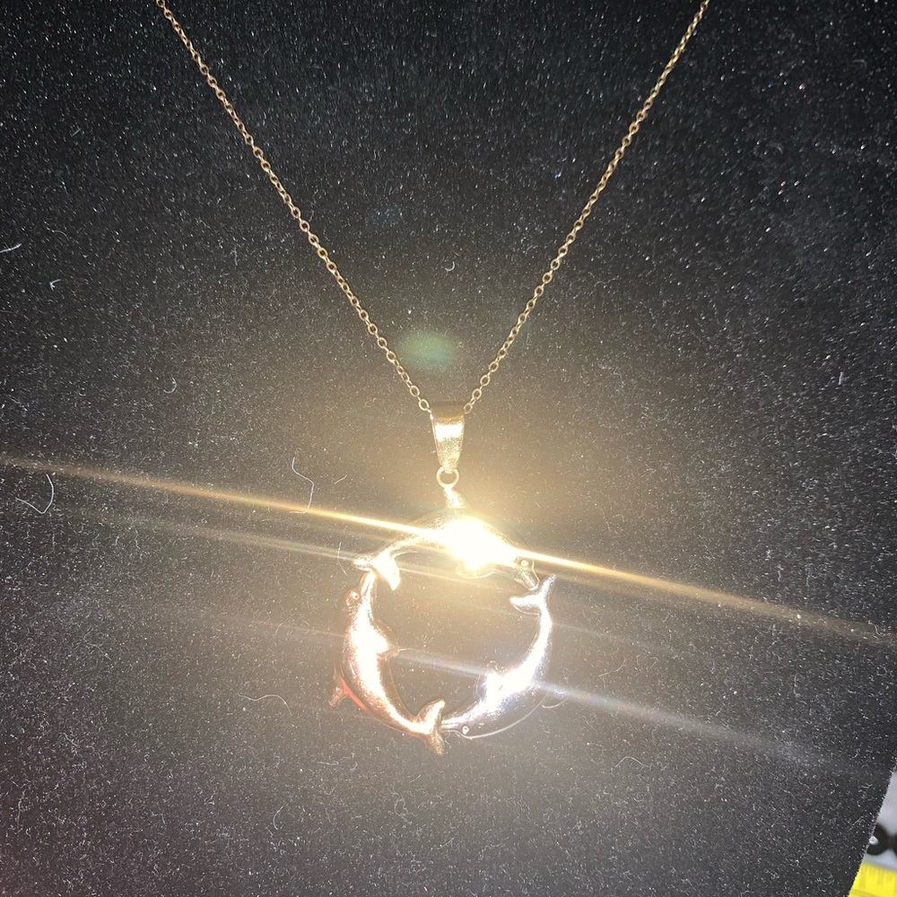 New rose yellow and 10k silver gold dolphins necklace